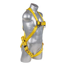Yellow Full body harness with 3 point adjustment, dorsal D-ring, tongue buckle leg strap. SKU H11210005