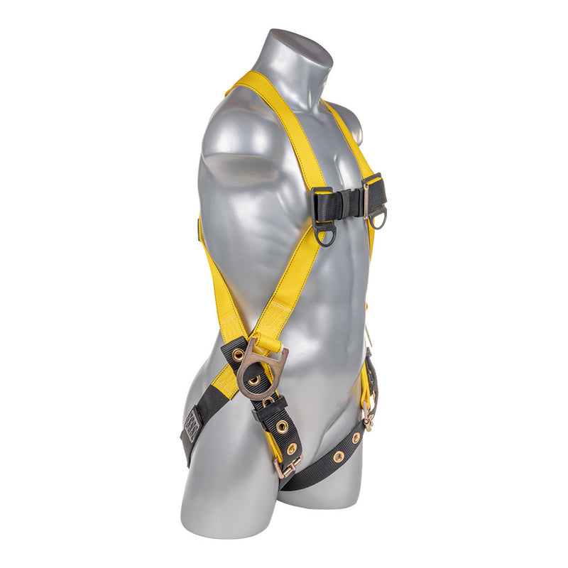 Yellow Full body harness with 3 point adjustment, dorsal & hip D-ring, tongue buckle leg strap. SKU H11210105