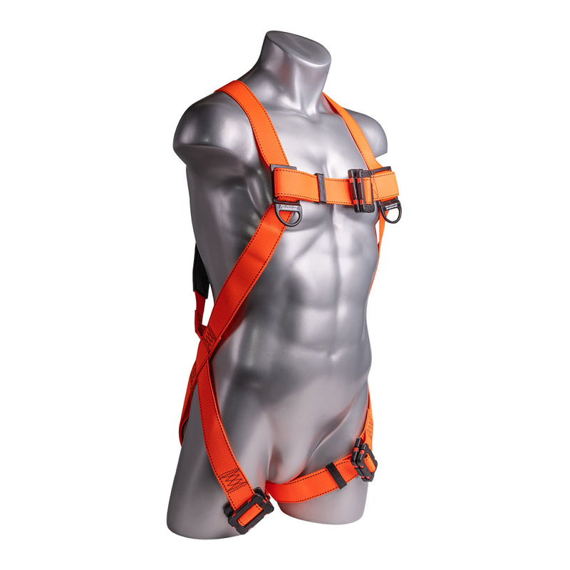 Orange Full body harness with 3 point adjustment, loop dorsal D-ring, mating buckle chest and leg straps. SKU H134200021