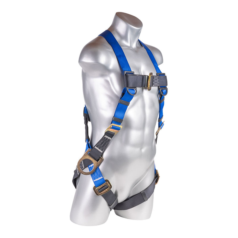 Blue top, black bottom. Full body harness with 5 point adjustment, dorsal D-ring, Side D-ring, pass though leg strap.