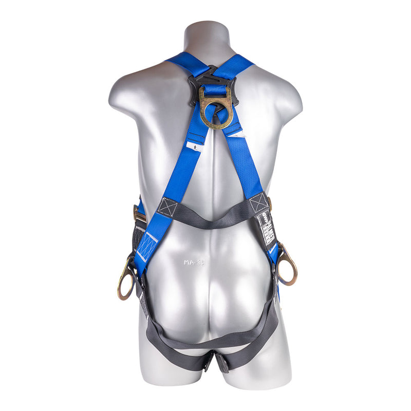 Blue top, black bottom. Full body harness with 5 point adjustment, dorsal D-ring, Side D-ring, pass though leg strap.