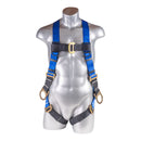 Blue top, black bottom. Full body harness with 5 point adjustment, dorsal D-ring, Side D-ring, pass though leg strap.