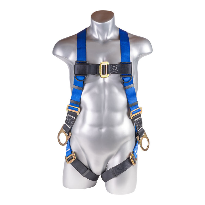 Blue top, black bottom. Full body harness with 5 point adjustment, dorsal D-ring, Side D-ring, pass though leg strap.