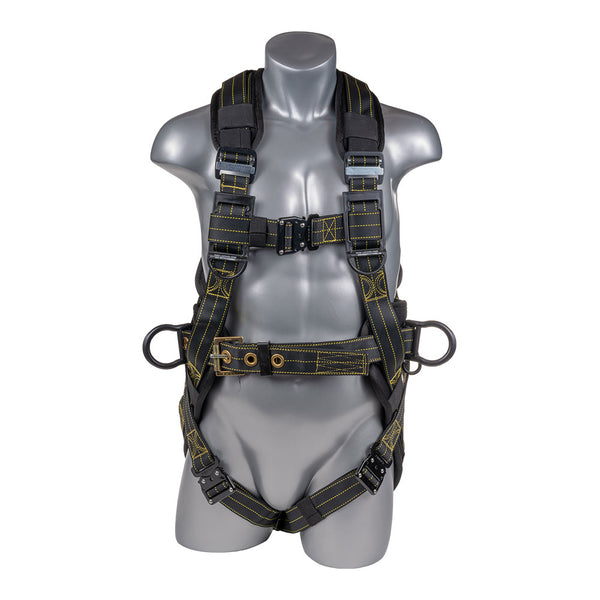 Black top , black padding , 5 point , QCB, padded back sewn in , grommet padded legs. Positioning belt black. 3 D-ring. SRL Loop