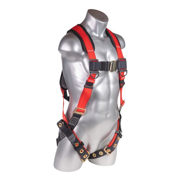 Red top, black bottom. Full body harness with 5 point adjustment, dorsal D-ring, grommet leg strap