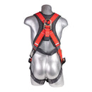 Red top, black bottom. Full body harness with 5 point adjustment, dorsal D-ring, grommet leg strap