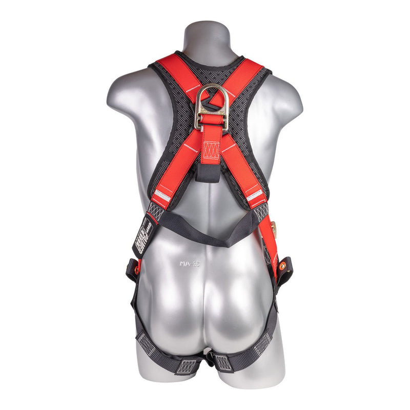 Red top, black bottom. Full body harness with 5 point adjustment, dorsal D-ring, grommet leg strap