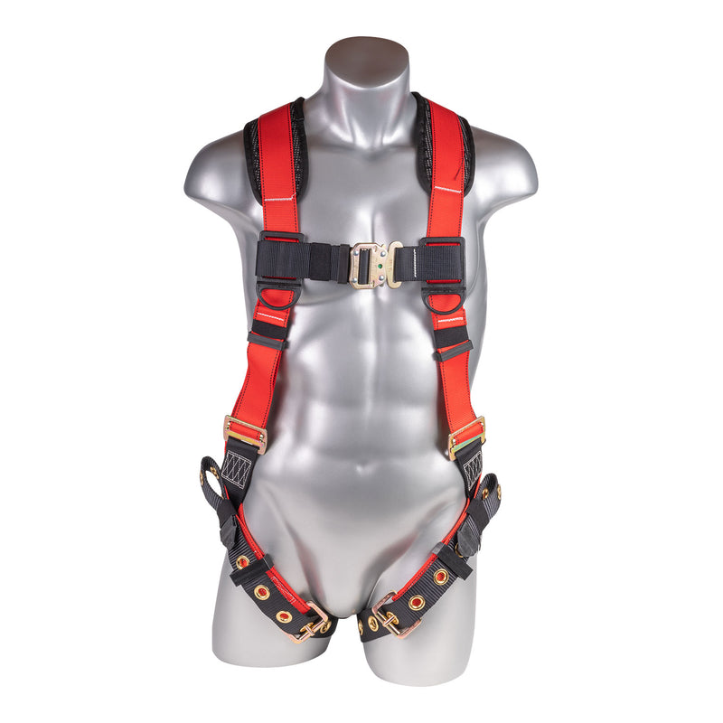 Red top, black bottom. Full body harness with 5 point adjustment, dorsal D-ring, grommet leg strap