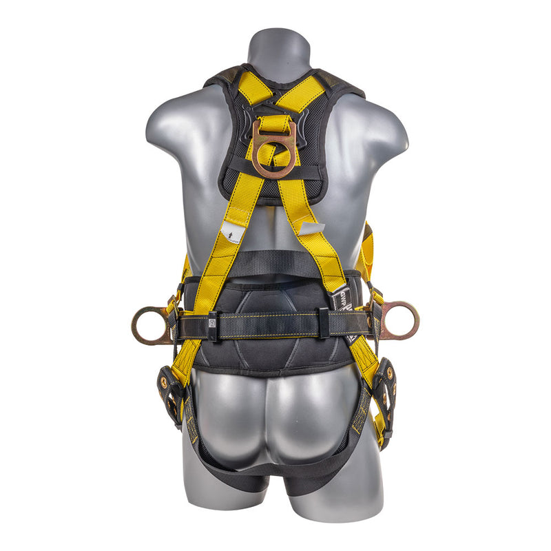 Yellow top Full body harness with 5 point adjustment, dorsal D-ring, hip D-rings, heavy duty back support. SKU H222101125