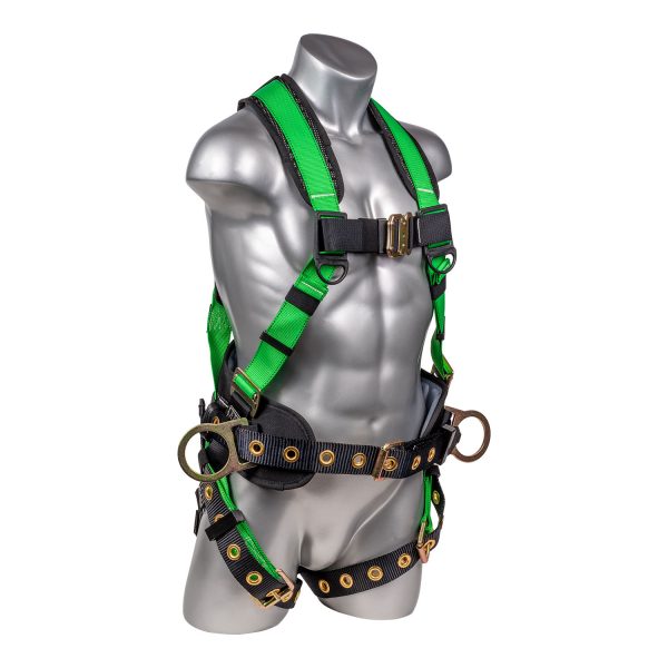 Green top Full body harness with 5 point adjustment, dorsal D-ring, hip D-rings, heavy duty back support/positioning pad with tool belt.SKU H222101126