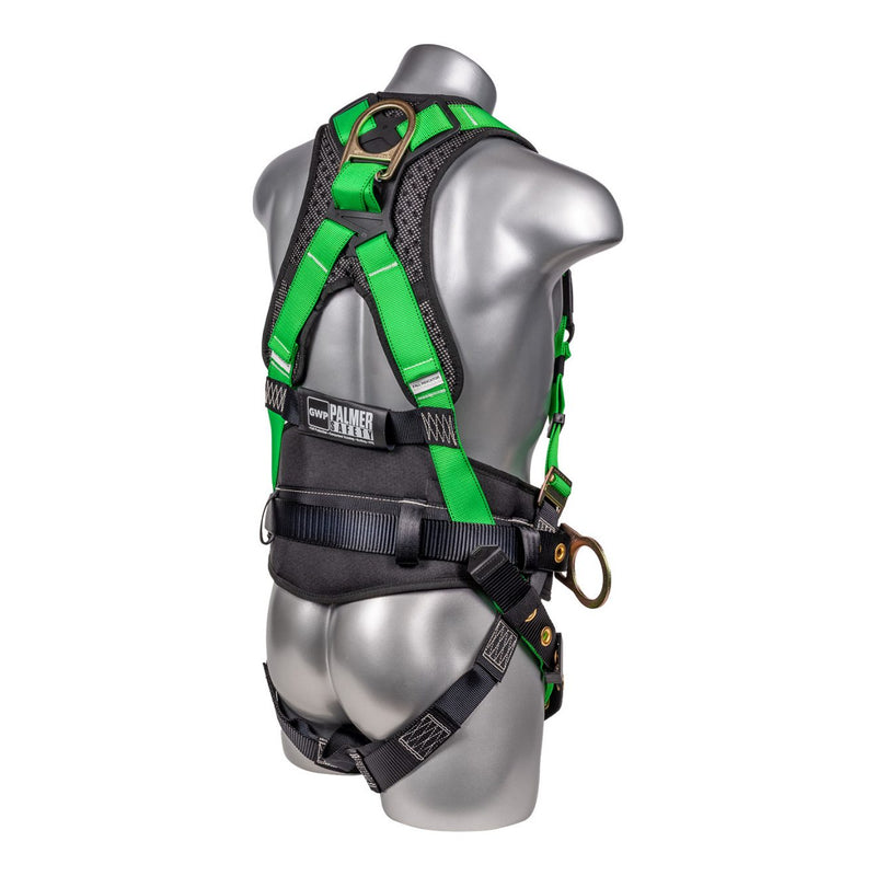 Green top Full body harness with 5 point adjustment, dorsal D-ring, hip D-rings, heavy duty back support/positioning pad with tool belt.SKU H222101126