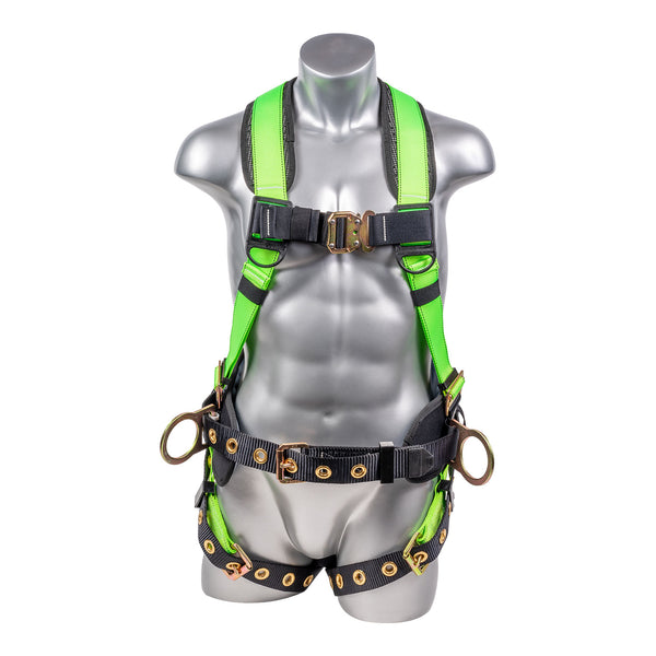 High Vis Green Full body harness with 5 point adjustment, dorsal D-ring, hip D-rings, heavy duty back support