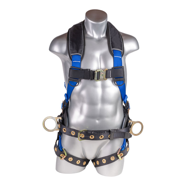 Blue top Full body harness with 5 point adjustment, dorsal D-ring, hip D-rings. SKU H222101631