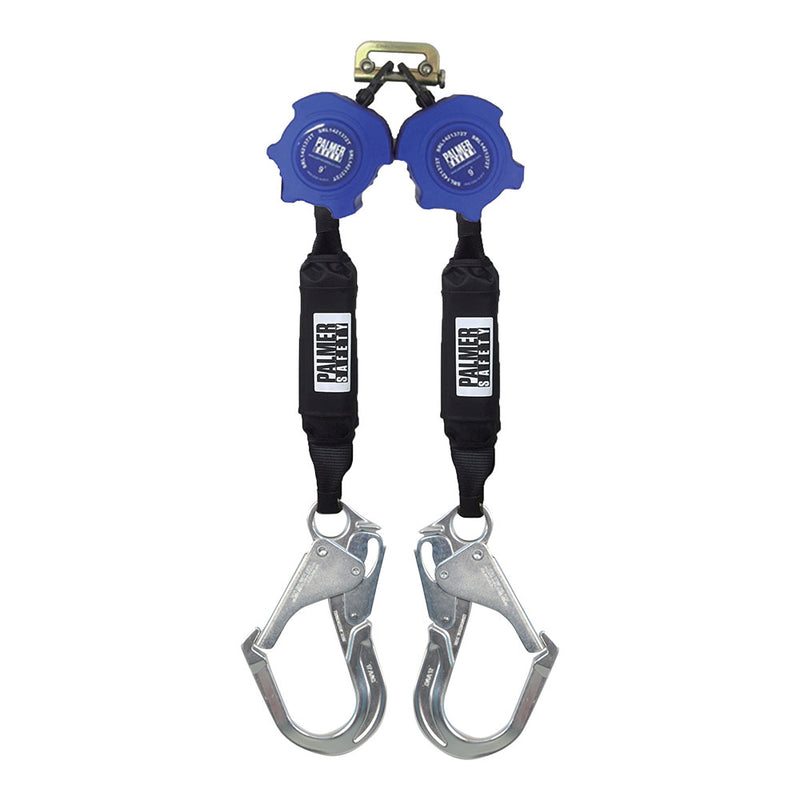 6ft. Twin Retractable web, light weight plastic housing, external shock-pack, 2¼" hook aluminum , ½" carabiner included. SKU SRL121142T