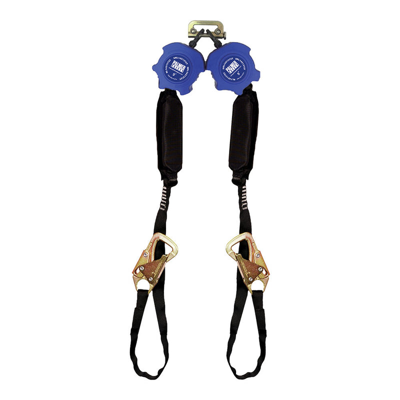 9 ft. Twin Retractable web, Tie back hook, ½" carabiner. black housing.Max arresting dist. 24. SKU SRL1421372T