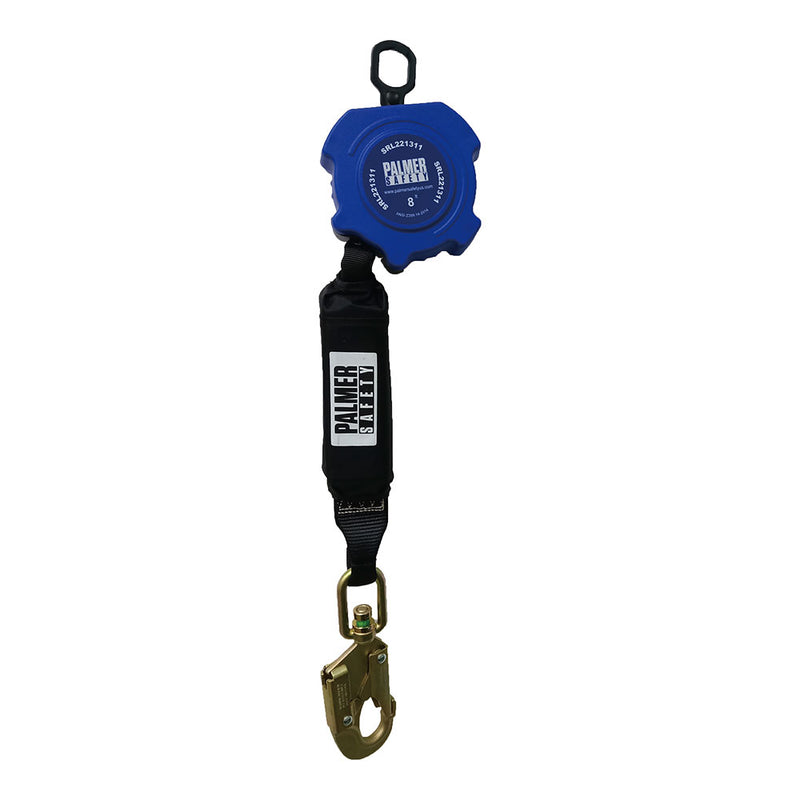 8ft. Retractable web, plastic housing, double locking aluminum snap hook, ½" carabiner included. SKU SRL221311