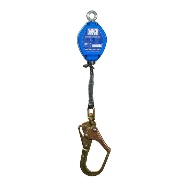 11 ft. Retractable web, swivel top plastic housing, built in shock-pack, 2¼" load indicator hook, ½" carabiner included. SKU SRL421321