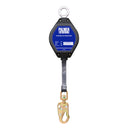 15 ft. Retractable web, swivel top aluminum housing, build in shock-pack, swivel ¾" load indicator hook, ½" carabiner. SKU SRL521311